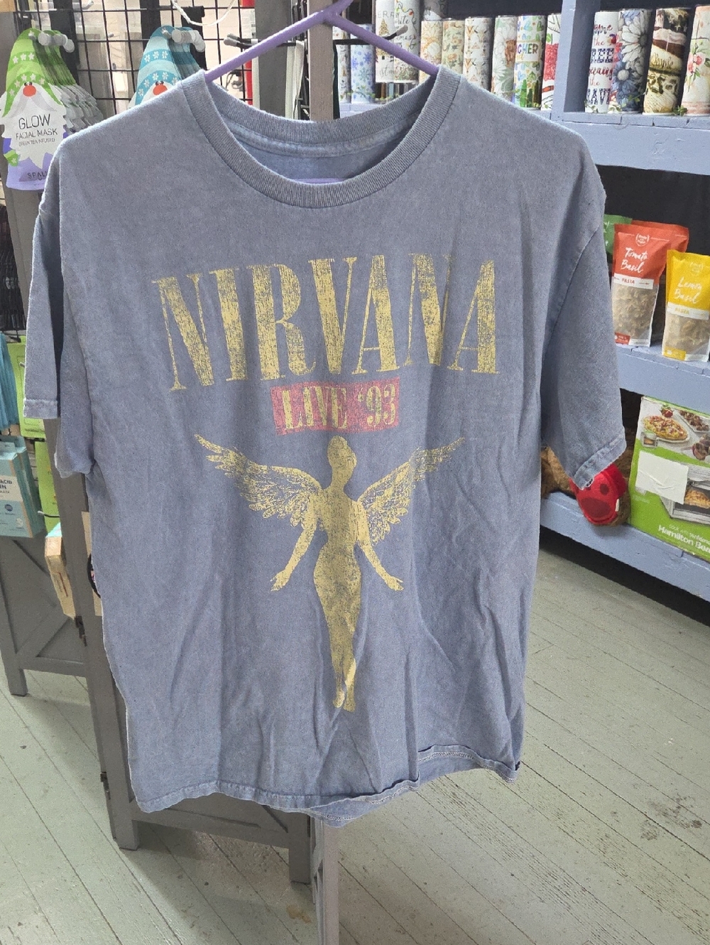 NIRVANA Gray Tee with Gold Angel Graphic and Pink Live '93 Accent
